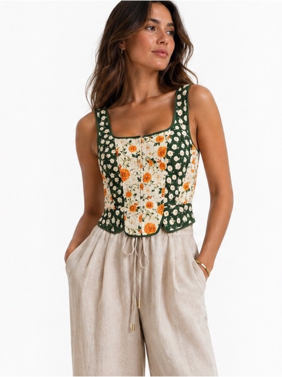 Agua Bendita Tops - Agua Bendita Sinclair Floral Corset Top Green Size L NWT